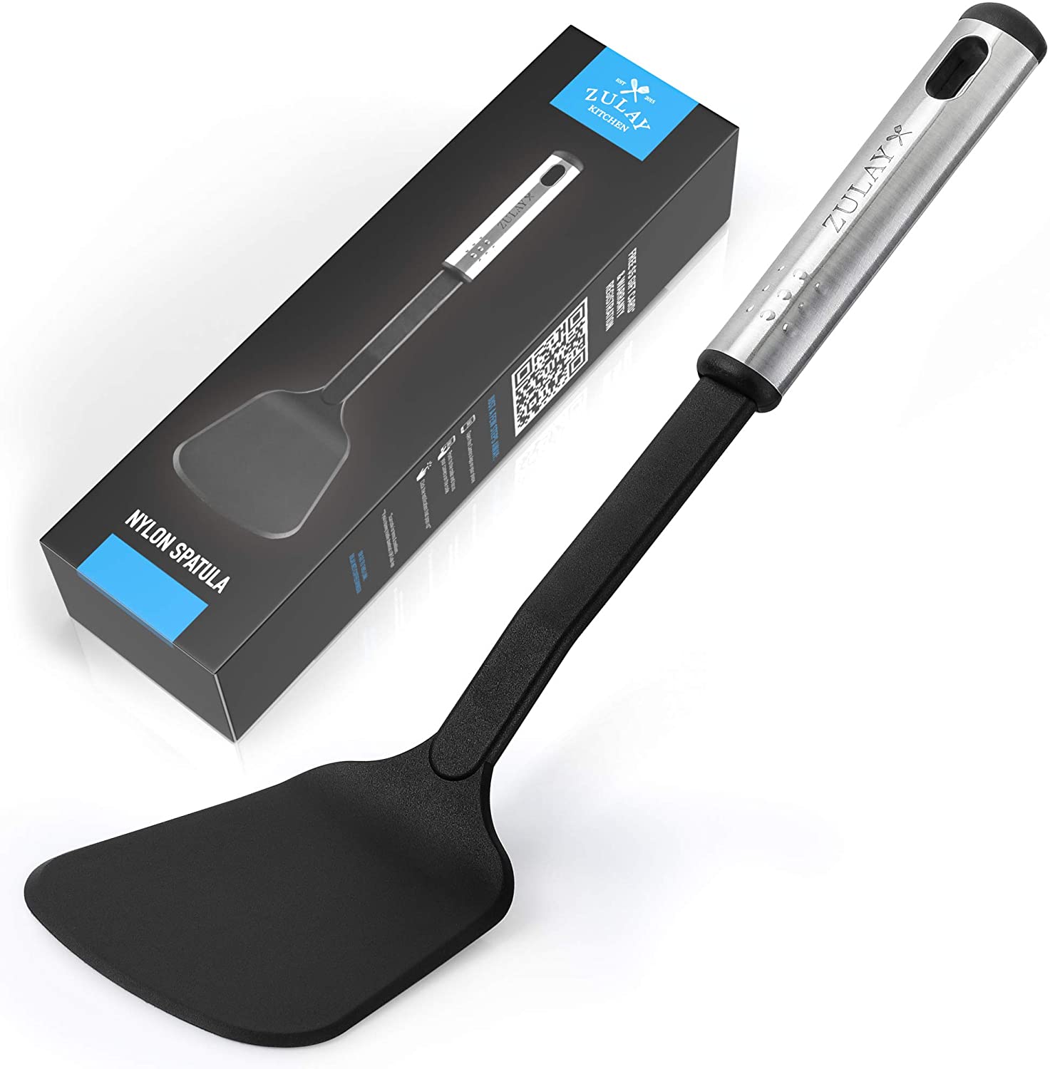 Zulay Premium Nylon Spatula (12.5 inch) - Flexible Nylon Spatula Turner With Stainless Steel Ergonomic Handle - Non-Stick & Non-Scratch Flexible Spatula For Kitchen